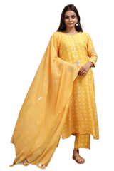 Yellow Bandhini Straight Kurti With Potli Pants and matching Stole