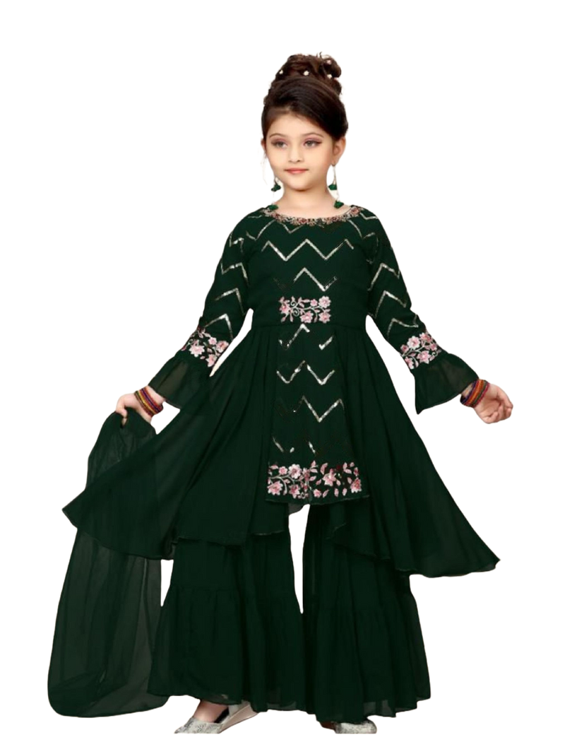 High-Low Flared Bottle Green Garara Suit