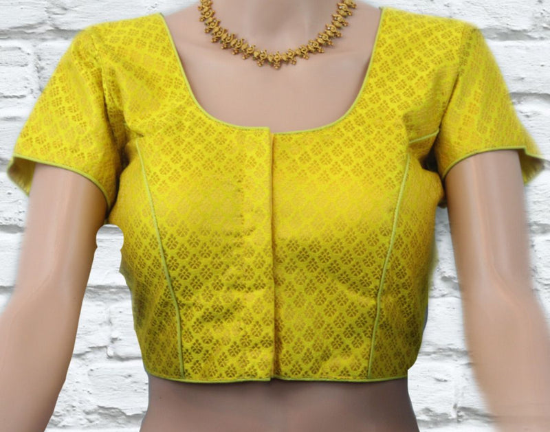 Golden Glow Brocade Silk Blouse: Short Sleeve, Front Open and Padded