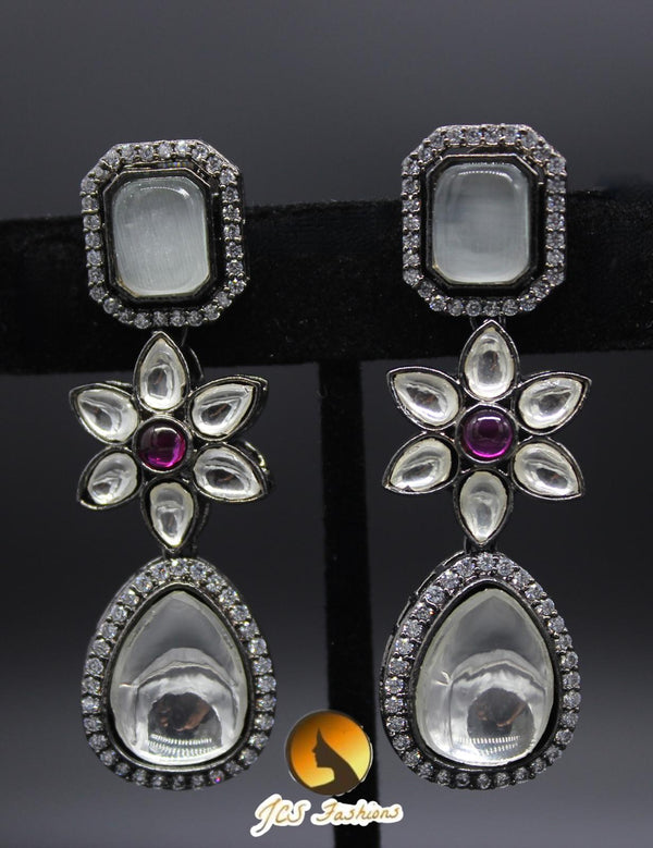 Long Kundan Earrings | White and Pink Stones
