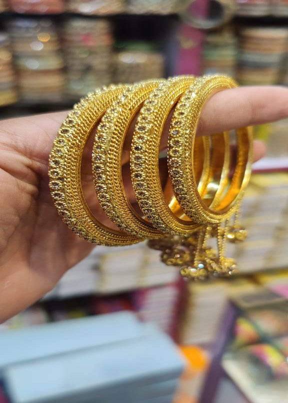 Gold Polish Stone Bangles in 4 Piece Set
