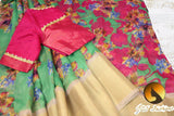 Jute Linen Saree with ready to wear blouse. golden border
