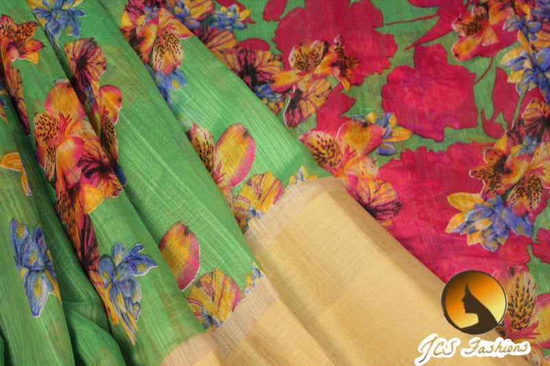 Jute Linen Saree with ready to wear blouse. golden border