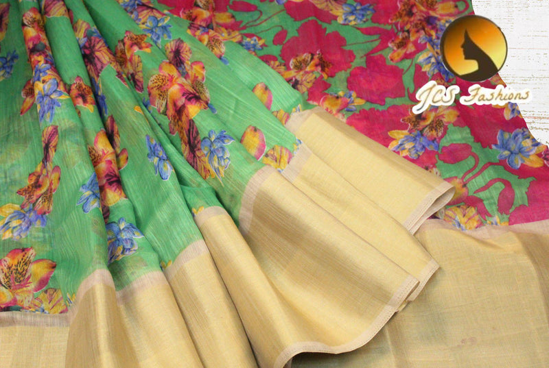 Jute Linen Saree with ready to wear blouse. golden border