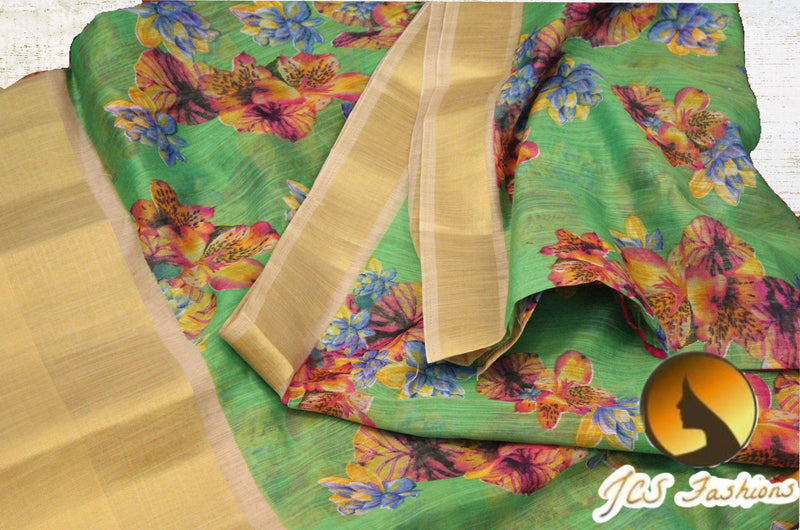 Jute Linen Saree with ready to wear blouse. golden border
