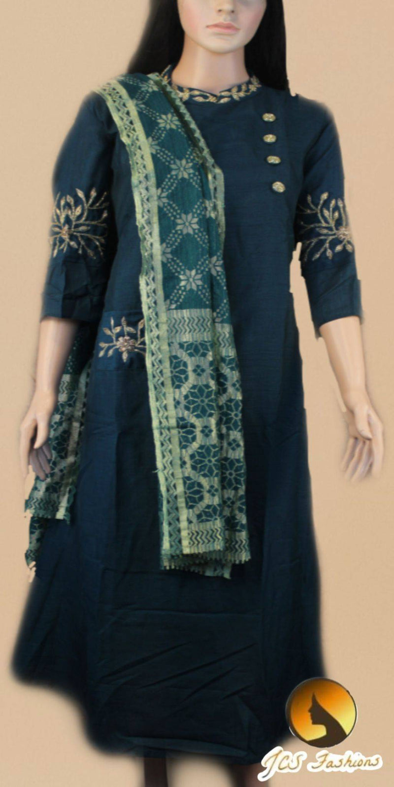 Dola Silk Floor-Length Gown with Hand Embroidery and Fancy Dupatta