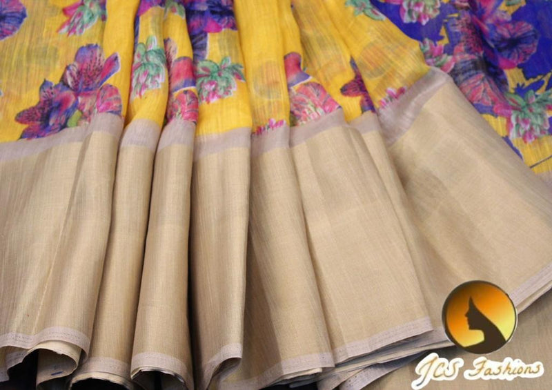 Jute Linen Saree with ready to wear blouse. golden border