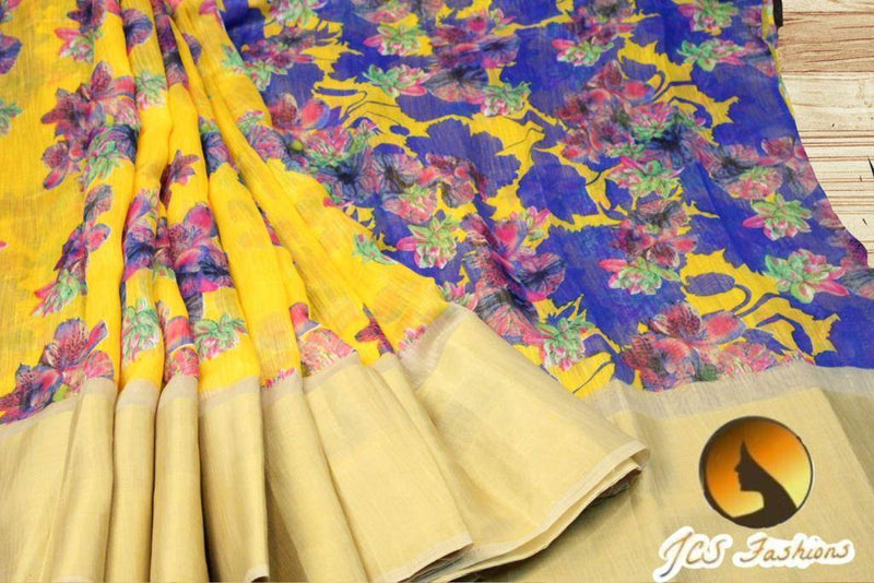 Jute Linen Saree with ready to wear blouse. golden border
