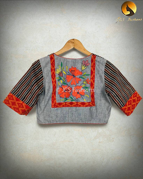 Pure Ajrakh Cotton Blouse with Kantha Work