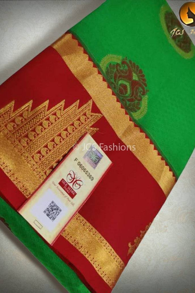Kanchipuram Pure Silk Saree, Silk Mark certified Saree JCS Fashions Green With Red 5.5 Meters