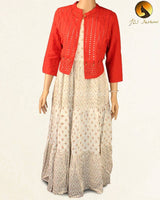 Graceful Block Print Anarkali Gown with Red Hakobha Overlay