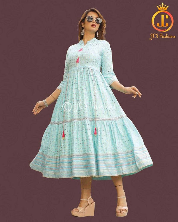 Sky Blue Rayon Fabric Bollywood Style Indian Kurti Gown.