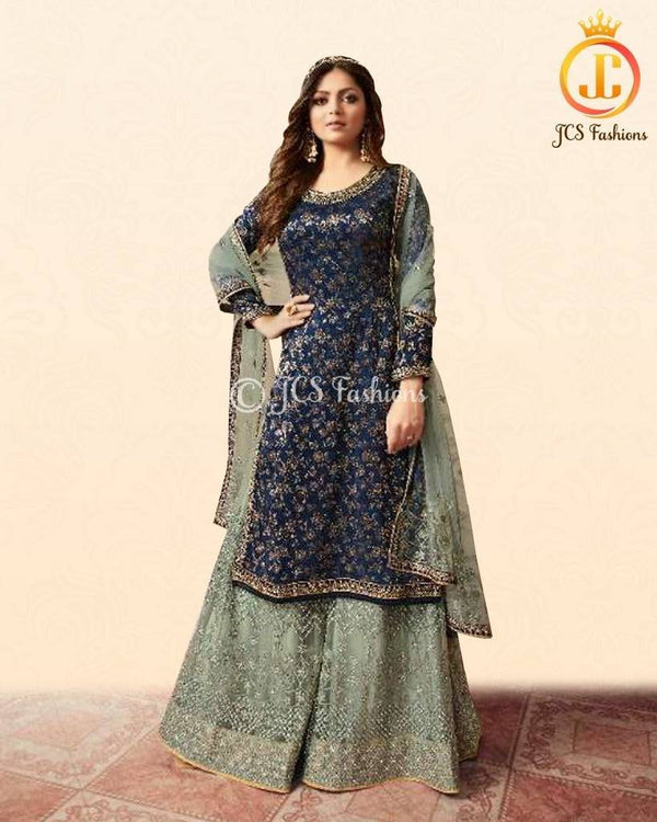 Indian Bollywood Designer Stylish Embroidery Kurta And Sharara With Dupatta Set Special For Women & Girls. Blue with Green