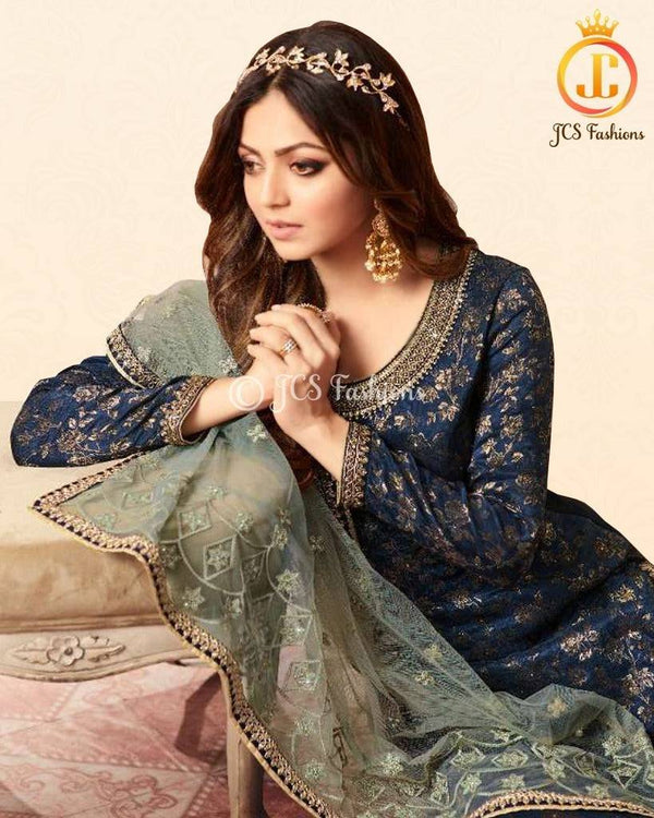 Indian Bollywood Designer Stylish Embroidery Kurta And Sharara With Dupatta Set Special For Women & Girls. Blue with Green