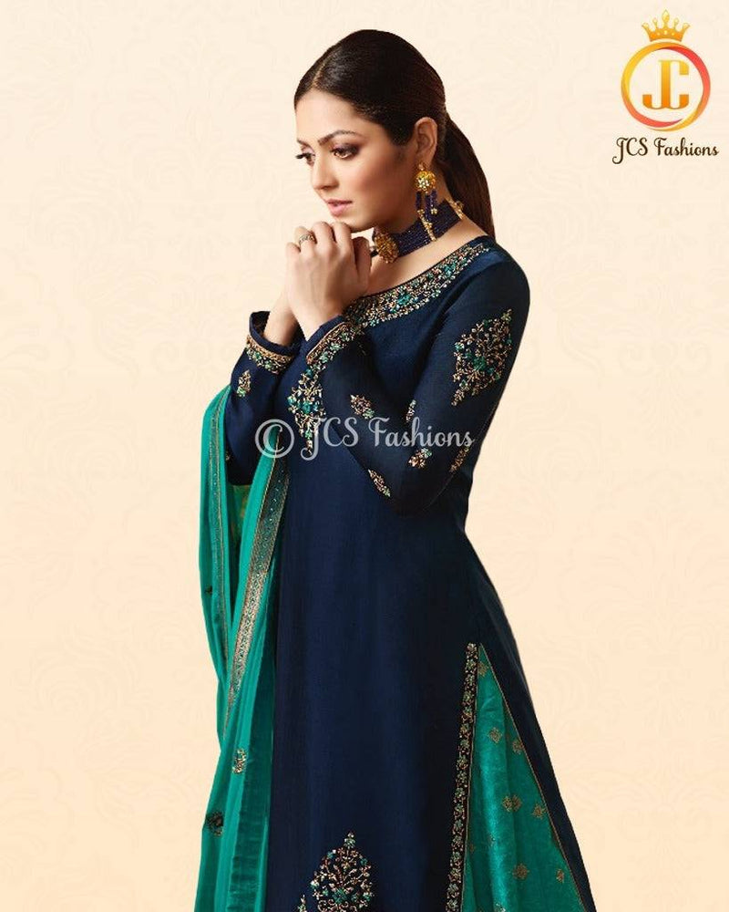 Designer Stylish Embroidery Kurti in Navy Blue with Green