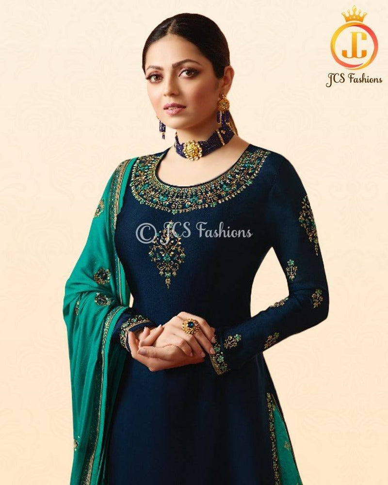 Designer Stylish Embroidery Kurti in Navy Blue with Green