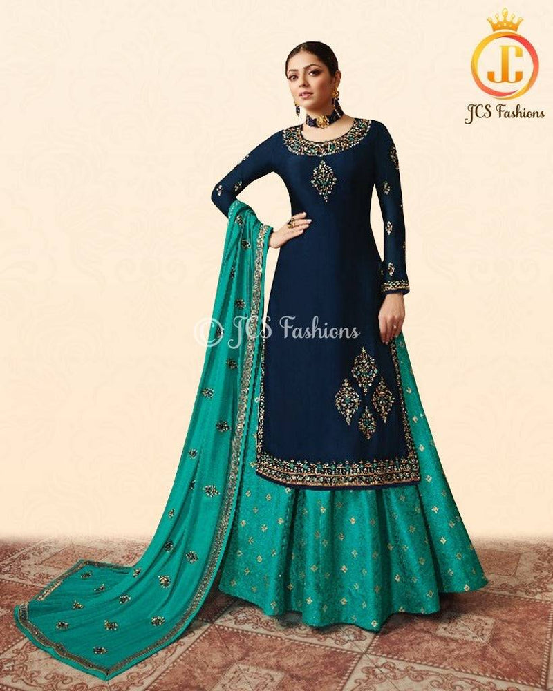 Designer Stylish Embroidery Kurti in Navy Blue with Green