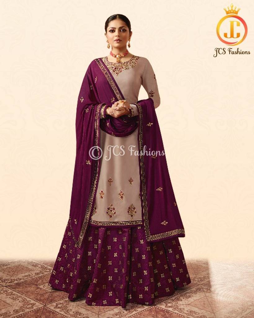 Indian Bollywood Designer Stylish Embroidery Kurti And skirt With Dupatta Set Special For Women & Girls. Pastel Brown With Wine Kurti JCS Fashions