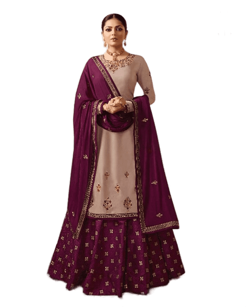 Indian Bollywood Designer Stylish Embroidery Kurti And skirt With Dupatta Set Special For Women & Girls. Pastel Brown With Wine Kurti JCS Fashions Pastel Brown With Wine Medium (38)