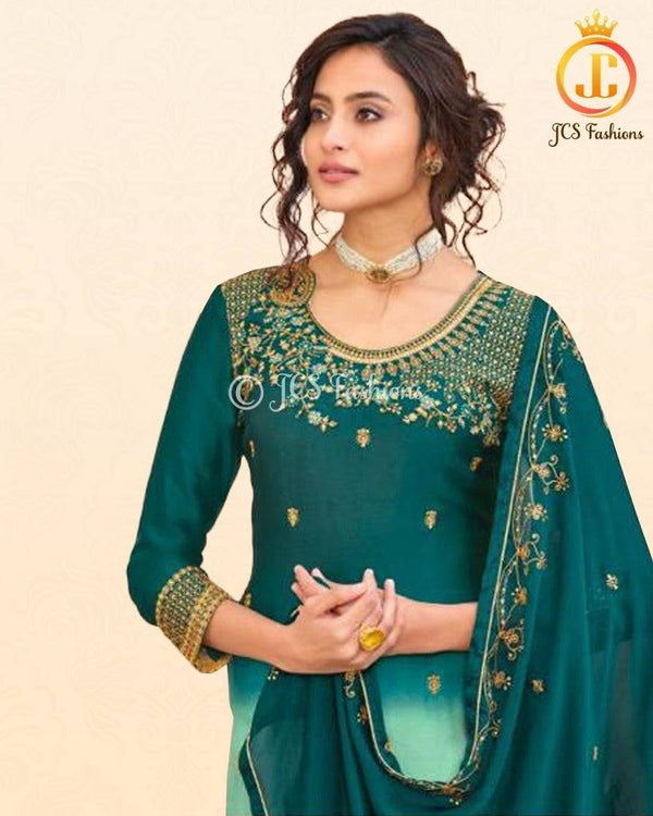 Soft Silk Three Piece salwar suit In Two shade green