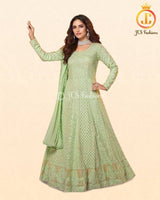 Real Gorgette Floor length Kurti Wtih Dupatta. Heavy embroidery. Green