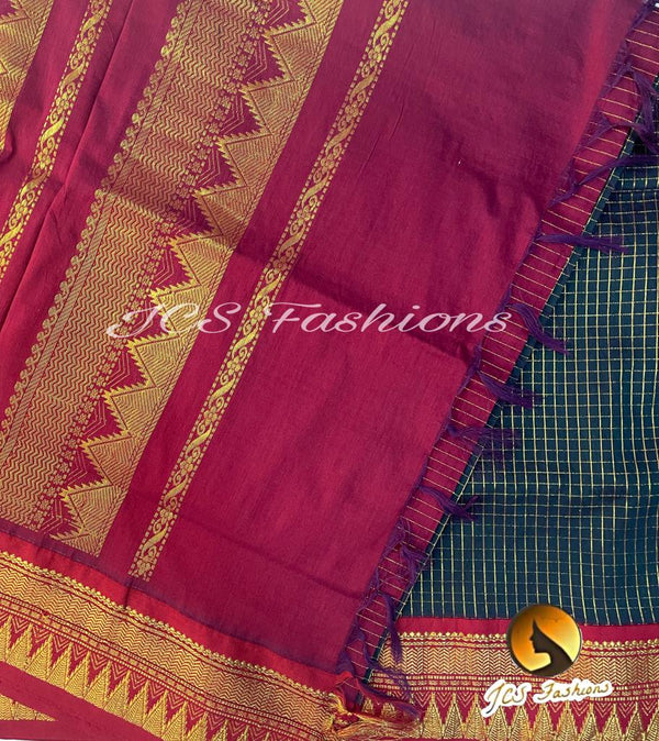Traditional Madurai Silk cotton handloom saree in Green and Red