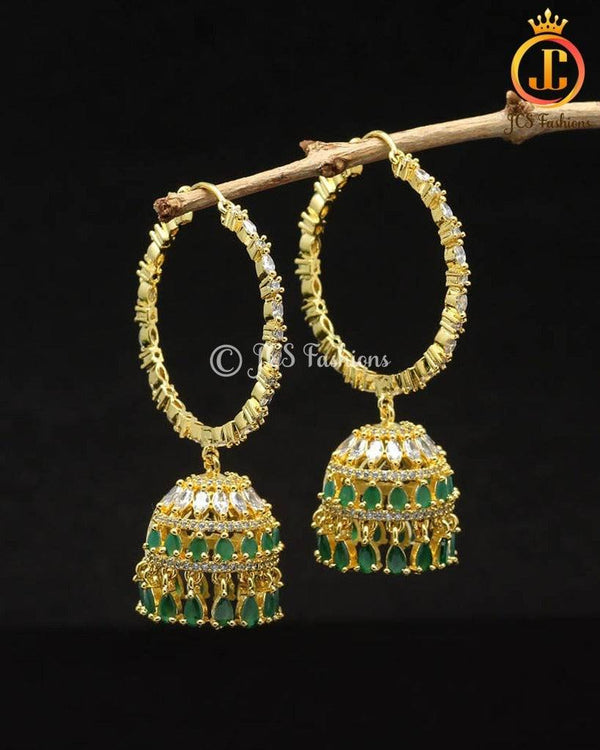 Green American Diamond Jhumka Earrings - Gold Plated Brass