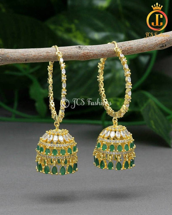 Green American Diamond Jhumka Earrings - Gold Plated Brass