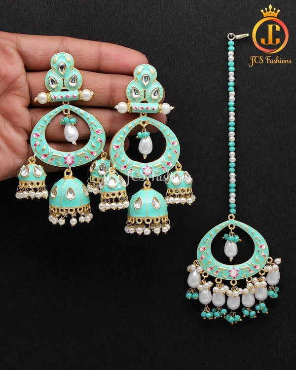 Eye-Catching Rama Green Color Meenakari Earrings With Maang Tikka