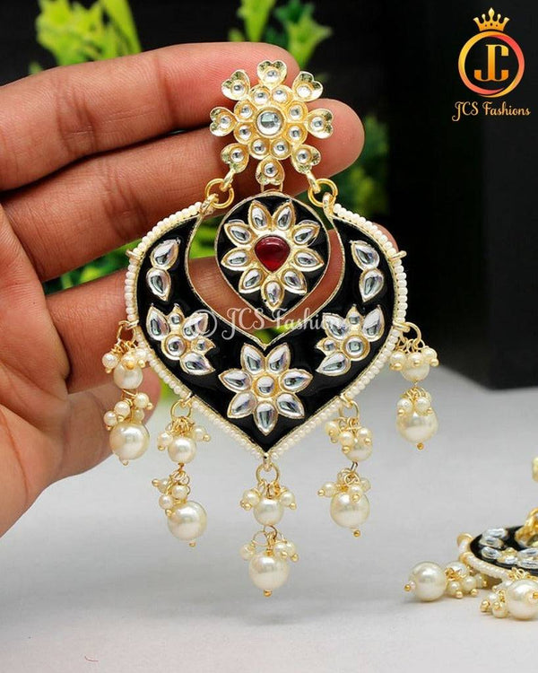Black Meenakari Earrings | Alloy Gold Plated, Kundan and Beads Stones