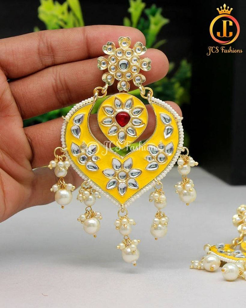 Sunny Yellow Meenakari Earrings | Alloy Gold Plated, Kundan & Beads Stones