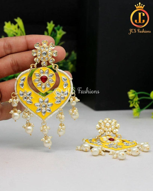 Sunny Yellow Meenakari Earrings | Alloy Gold Plated, Kundan & Beads Stones