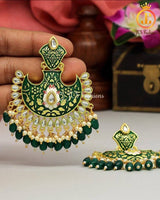 Mint Meena Earrings | Alloy Gold Plated, Green Kundan & Imitation Pearl