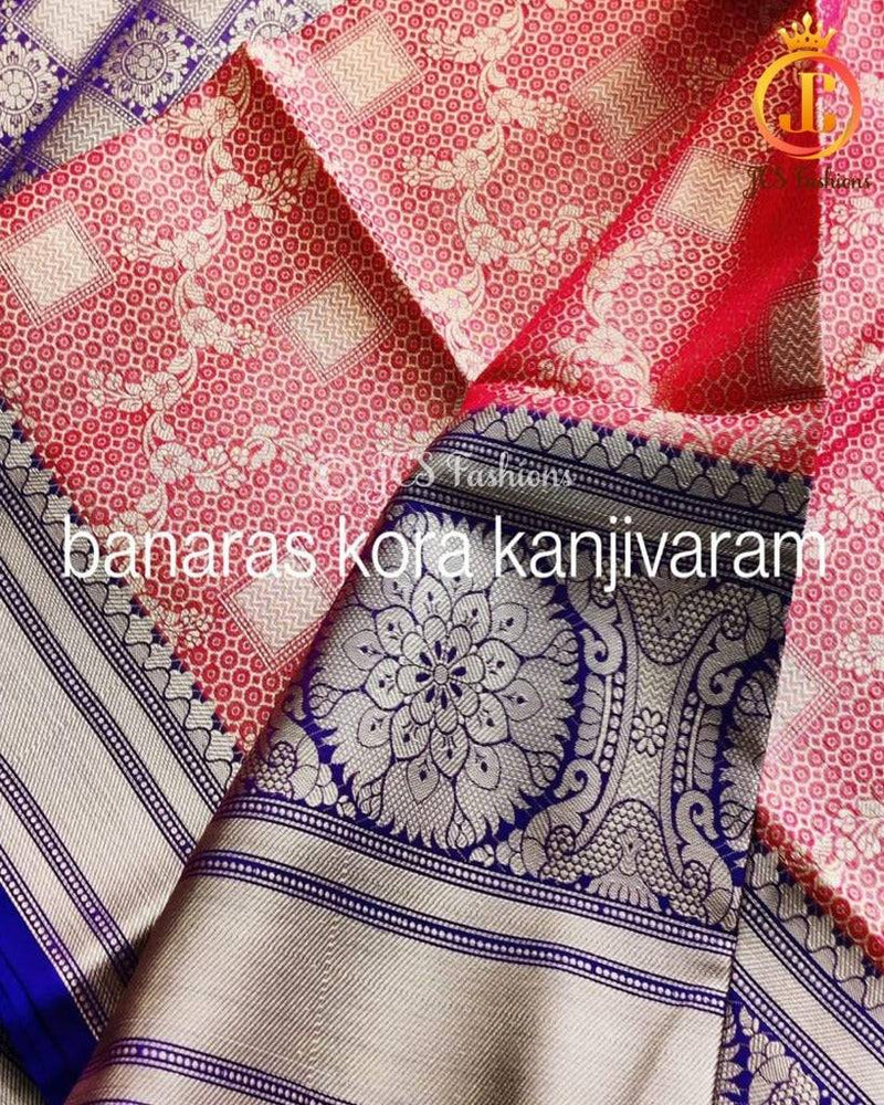 Banaras kora organza saree in Red and Purple