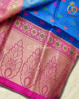 Banaras kora organza saree in Blue and Rani Pink