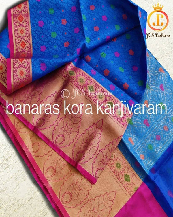 Banaras kora organza saree in Blue and Rani Pink