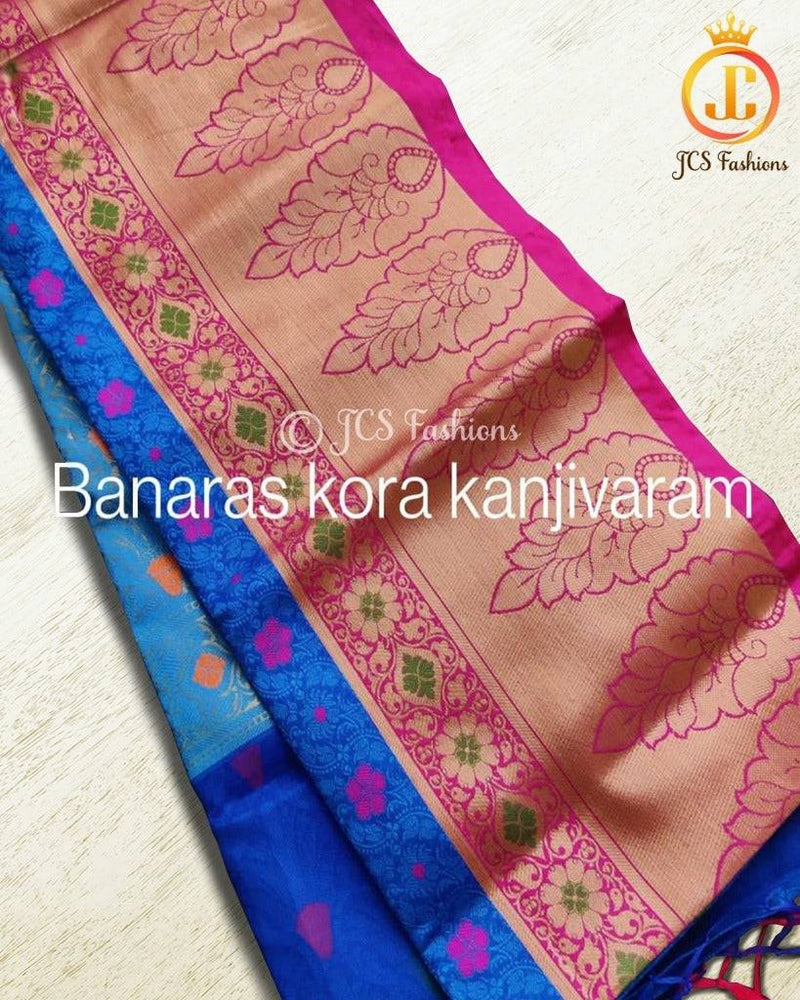 Banaras kora organza saree in Blue and Rani Pink
