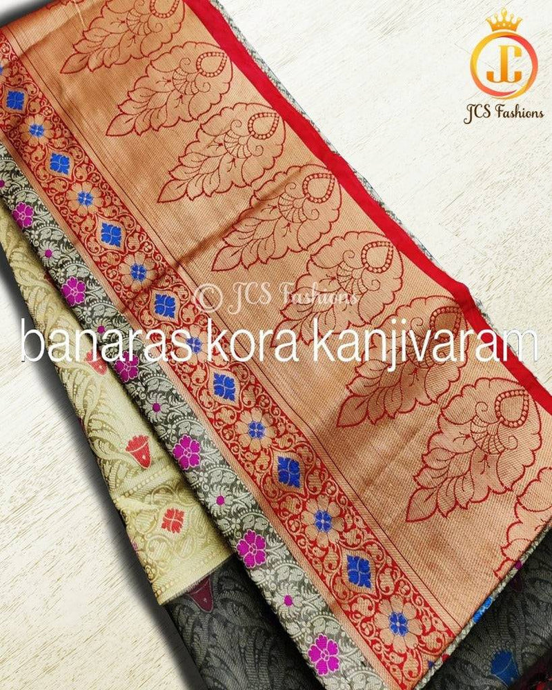 Banaras kora organza saree in Grey and Red