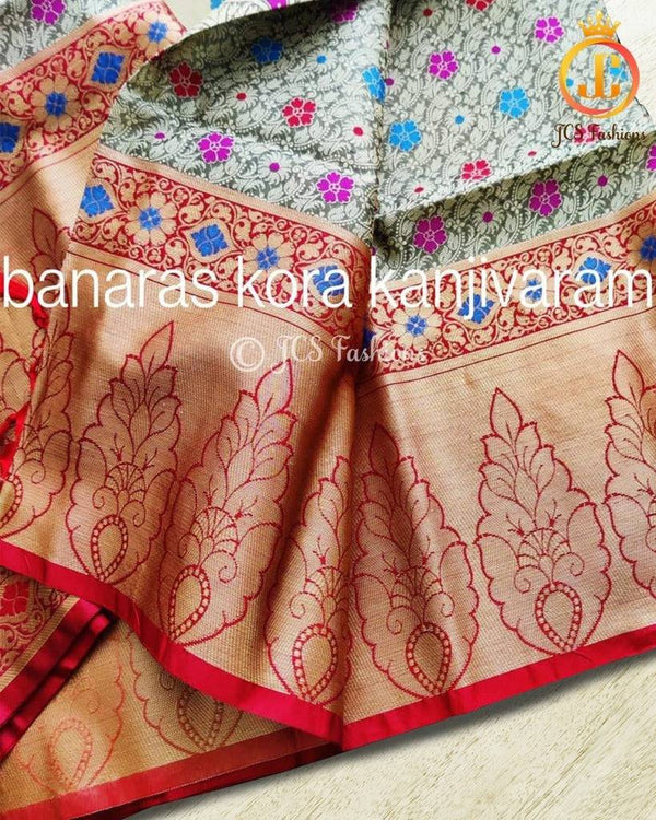 Banaras kora organza saree in Grey and Red
