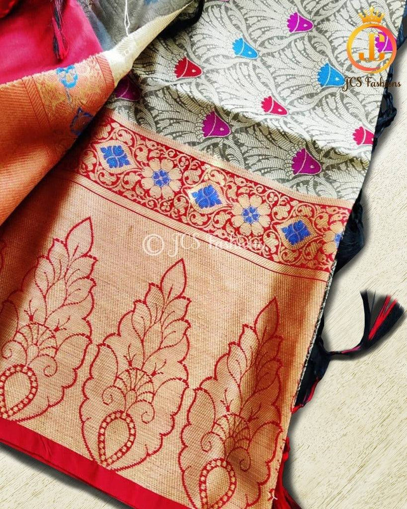Banaras kora organza saree in Grey and Red