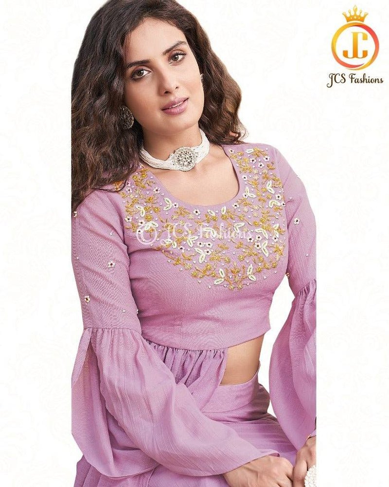 Slubby Silk Crop Top with Lehenga in Onion Pink