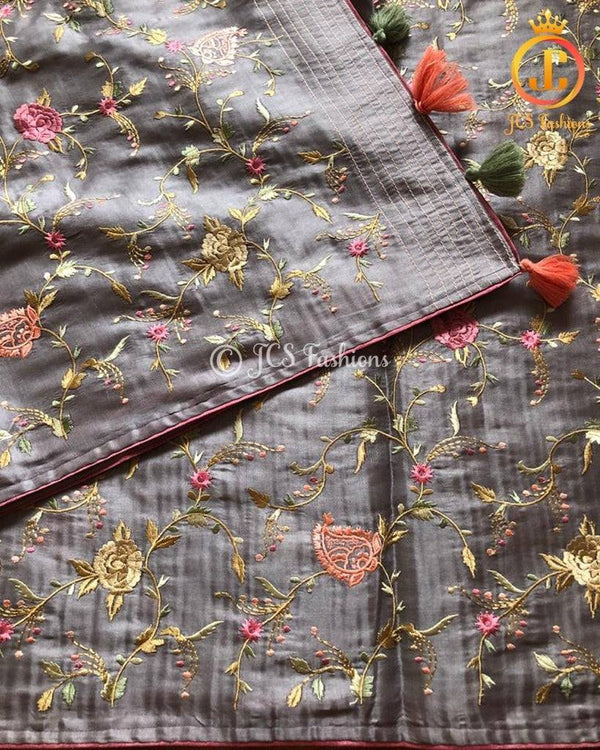Satin Tussar silk with thread work in grey