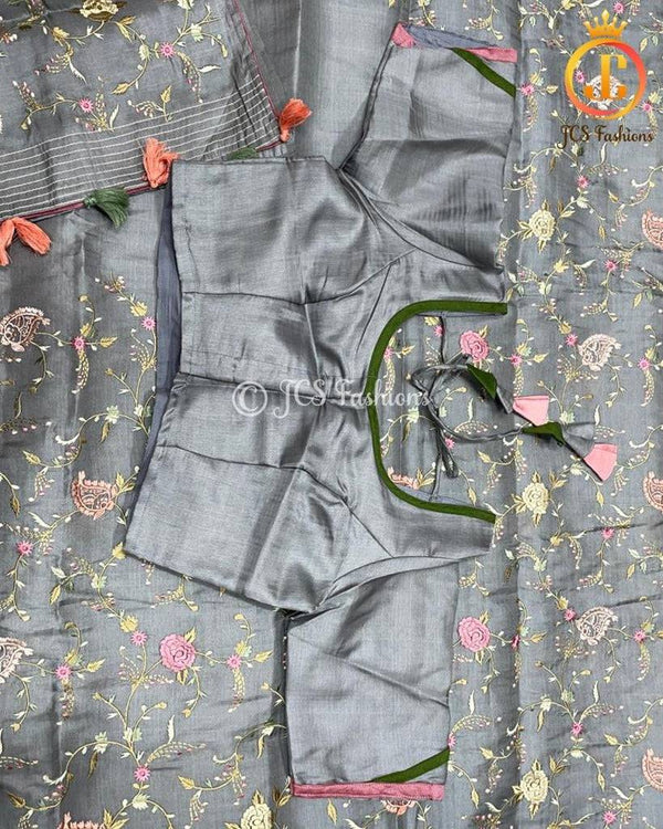 Satin Tussar silk with thread work in grey