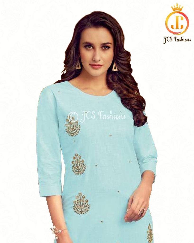 Cotton Kurti With beautiful hand embroidery in Pastel Blue Kurti JCS Fashions