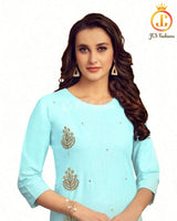 Cotton Kurti With beautiful hand embroidery in Pastel Blue