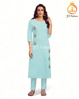 Cotton Kurti With beautiful hand embroidery in Pastel Blue