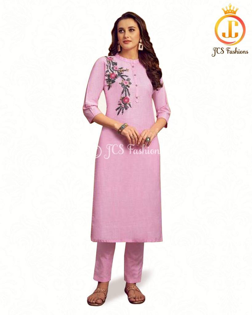 Cotton Kurti With unique hand embroidery in Pink Kurti JCS Fashions