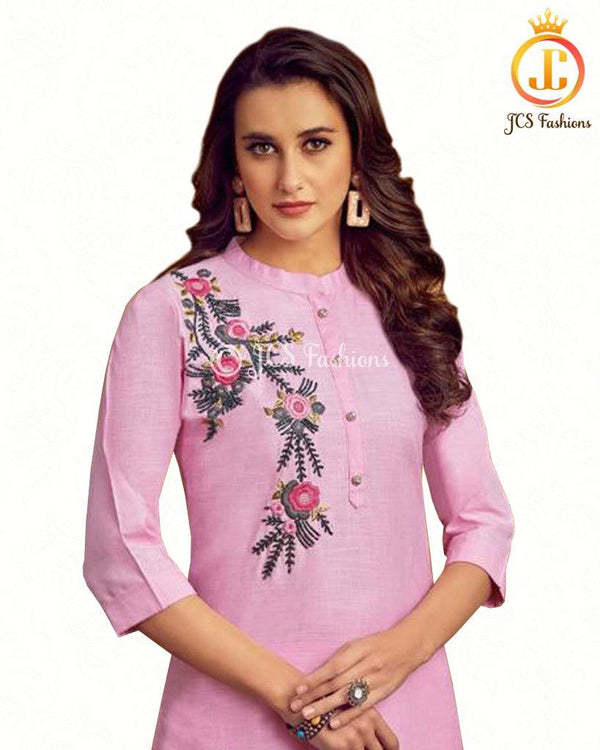 Cotton Kurti With unique hand embroidery in Pink