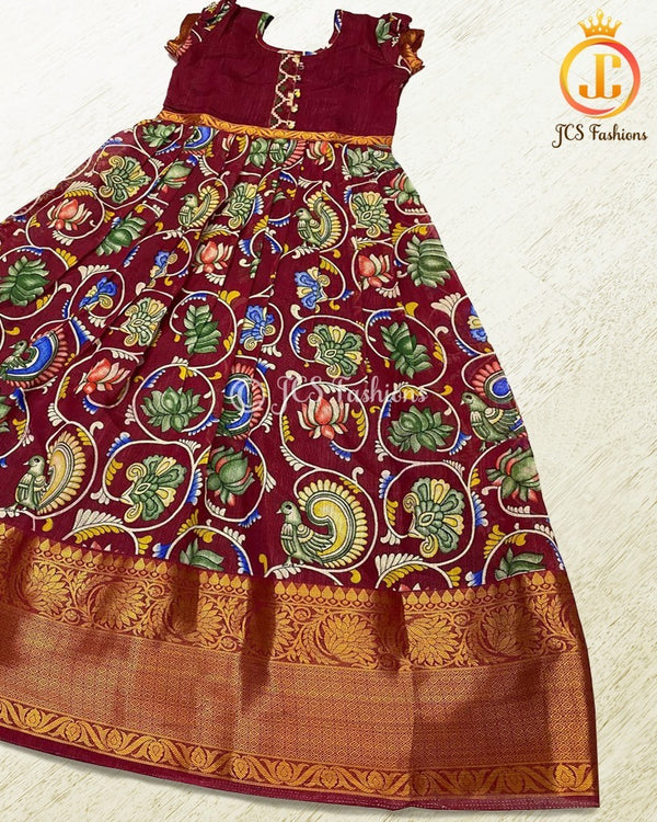 Little Princess Kalamkari Print Flared Gown with Zari border