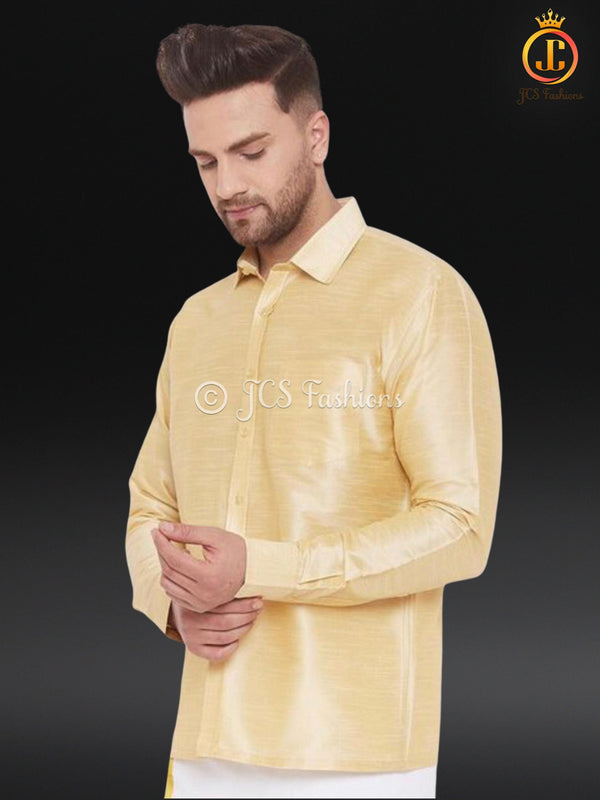 Men's Gold Silk Blend Ethnic Shirt. Dhoti/Veshti Shirt, Indian Traditional Shirt.